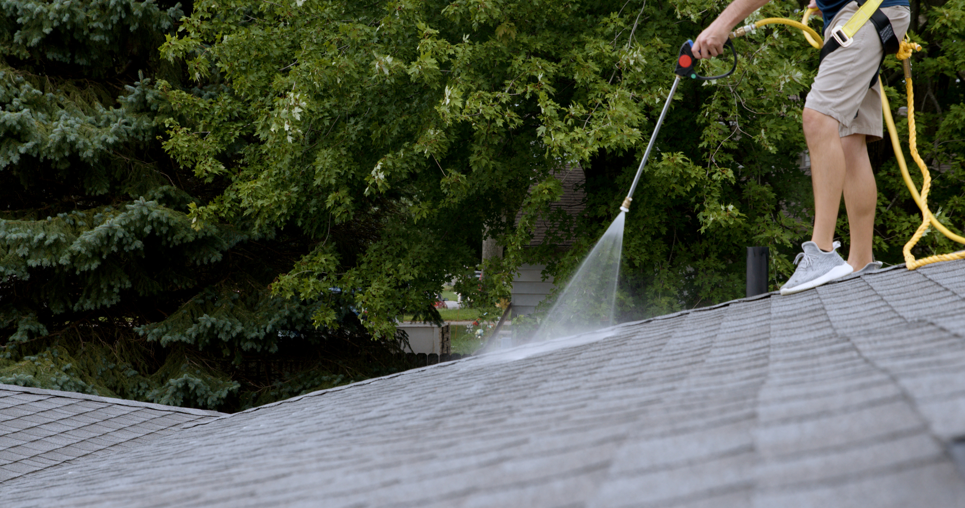 Technician applying GreenSoy™ rejuvenation to a residential asphalt shingle roof